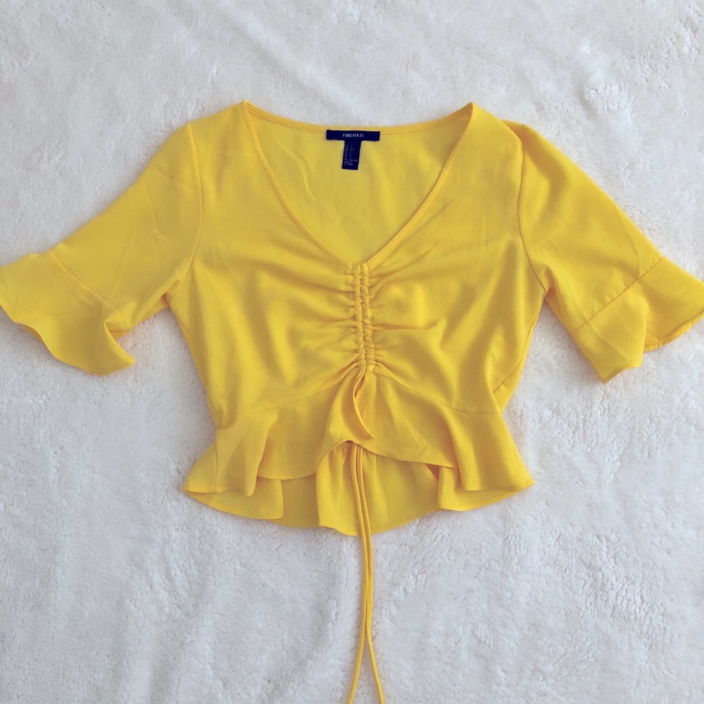 Adjustable Cropped Tie Front Yellow Blouse